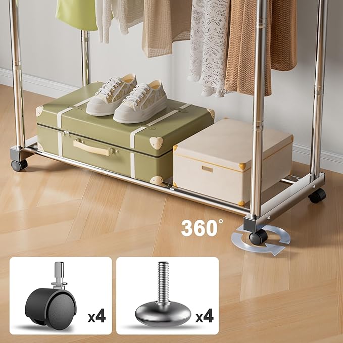 Clothes Rack for Hanging Clothes, Stainless Steels Coat Rack with Wheels, Clothing Rack, Garment Rack, Portable Closet, Portable Closet, Adjustable Length