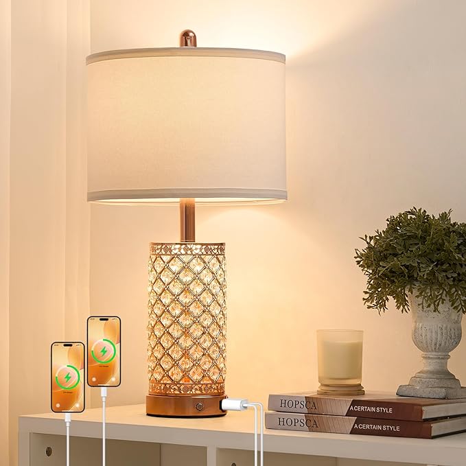 Crystal Table Lamps 3-Way Dimmable Bedroom Lamp with 2 USB Ports & AC Outlets for Living Room Retro Bedside Nightstand Lamp Night Light (Rose Gold- 1 Pack 24In)
