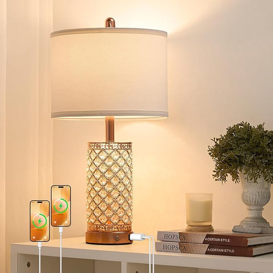 Crystal Table Lamps 3-Way Dimmable Bedroom Lamp with 2 USB Ports & AC Outlets for Living Room Retro Bedside Nightstand Lamp Night Light (Rose Gold- 1 Pack 24In)