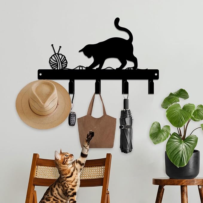 magilab Cat-Themed 10-Inch Iron Key Hooks with 5 Hooks, Black Wall Organizer - Cute Cat Design for Home Decor, No Drill & Screw-in Options (Style D)
