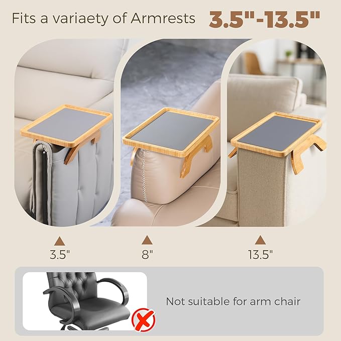 Couch Armrest Table, Foldable Bamboo Sofa Arm Tray for Couch with a Non-Slip Pad, Clip On Couch Arm Table for Remotes/Eatting/Drinks, Fits Sofa Armrest 3.5"-13.5" Natural