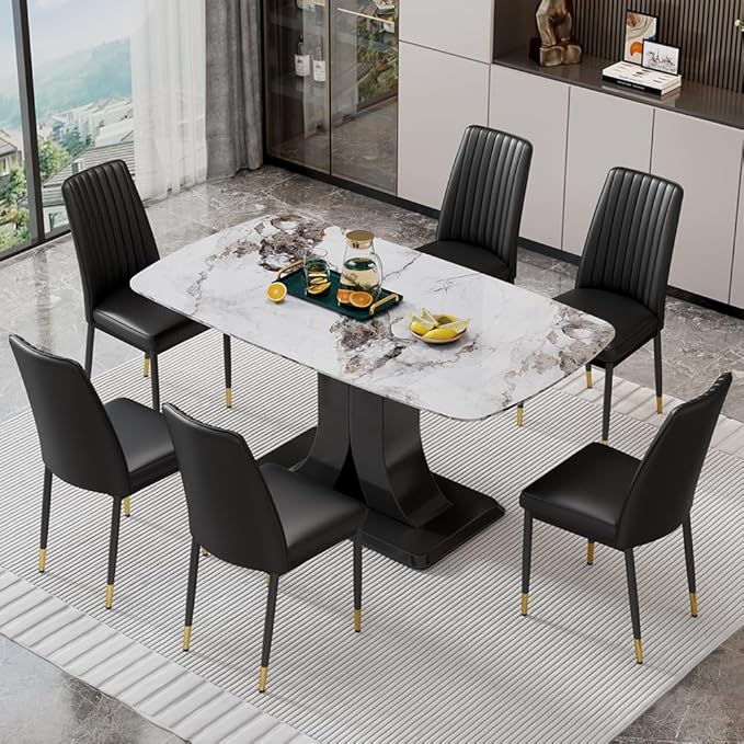 Modern Dining Table Set for 6, Marble Kitchen Table Chair Set for 6, Rectangular Kitchen Table with 6 Pu Leather Upholstered Chair for Dining Room
