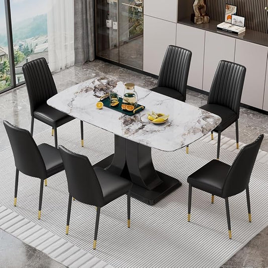 Modern Dining Table Set for 6, Marble Kitchen Table Chair Set for 6, Rectangular Kitchen Table with 6 Pu Leather Upholstered Chair for Dining Room