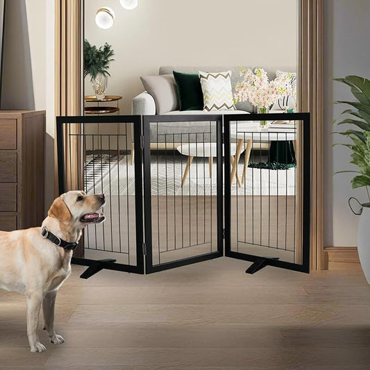 ZJSF Freestanding Dog Gate Indoor, Foldable Dog Fence for Doorways,Hallways or Stairs, Sturdy Wood Extra Wide Pet Gate with Support Feet,Black,32 "Height-3 Panels