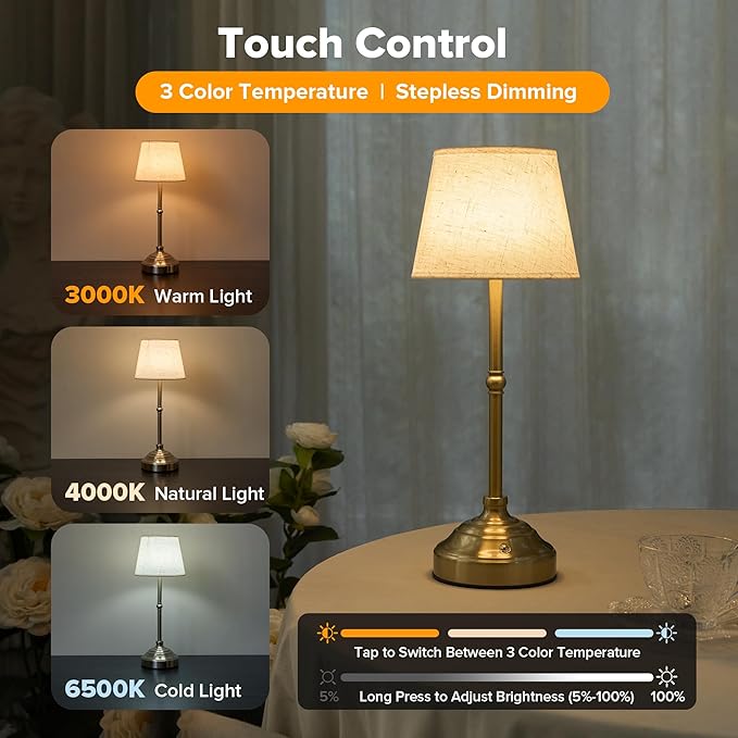 Cordless Table Lamp, Rechargeable Desk Lamp with Fabric Shade, 5400mAH Battery Operated 3 Color Stepless Dimming, Portable Touch Bedside Lamp Home Decor for Dining, Counter (Brushed Gold)