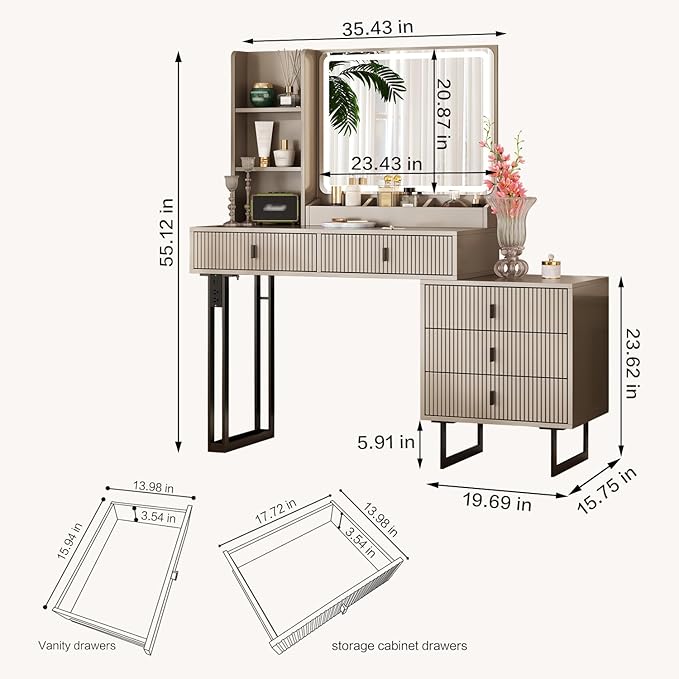 Large Vanity Desk with 3 Color Touch Screen Dimming Mirror, Vanity Desk with Charging Station, Modern Retractable Makeup Dressing Table, Makeup Table With storage shelves and 5 Sliding Drawers, Grey