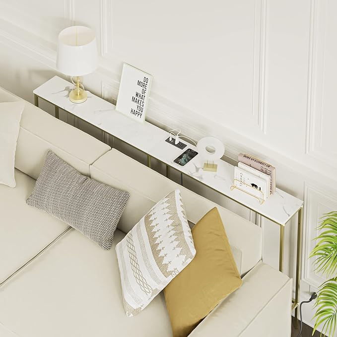 70.9 Inch Console Table with Power Outlet,Modern Narrow Long Sofa Table Behind Couch,Skinny Entry Table with Gold Metal Frame for Entryway,Living Room, Hallway,Marble White