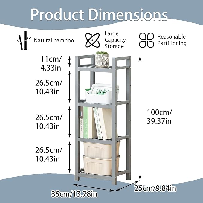 Bamboo Shelf, 4-Tier Bookcase Storage Shelves, Small Book Rack Shelving Unit, Multipurpose Storage Display Shelf for Bathroom Kitchen Living Room Office, 25W x 35D x 100H (4-Tier Grey)