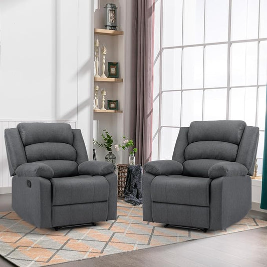 ANJ Fabric Recliner Chair Set of 2, with Overstuffed Arm and Back, Comfy Gray Manual Reclining Chairs for Adults, Living Room Single Sofa Recliners