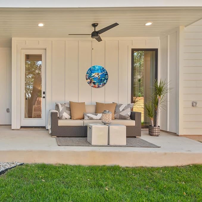 XNM Sea Turtle Glass Battery Powered Clock 14 Inch Ocean Blue Analog Clock for Bathroom Round Silent Wall Clock Non Ticking