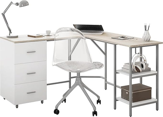 Techni Mobili L Shaped Desk - Two-Toned Computer Desk with Drawers & Storage Shelves - Simple Modern Furniture & Home Office Space Corner Table for Work & Writing