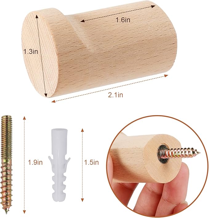 Wood Wall Hooks 6 Pack, Natural Wooden Coat Hooks Wall Mounted, Handmade Rustic Hat Hooks Heavy Duty Entryway Wall Hangers for Hanging Towels, Clothes, Bags (Beech Wood)