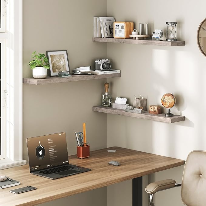 Floating Shelves for Wall, 1.5" Thick Wall Shelf Set of 3 with Invisible Brackets, L31.5 x W7.9 Hanging Book Shelves Farmhouse Home Decor for Bathroom, Living Room, Bedroom, Greige 8301BJP3BG