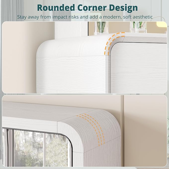 IRONCK Vanity Makeup Desk with 3-Sided Foldable LED Mirror, Create Your Glam Space with 9 Secret Storage Shelves, Built-in Charging, White Elegant Curved Dressing Table