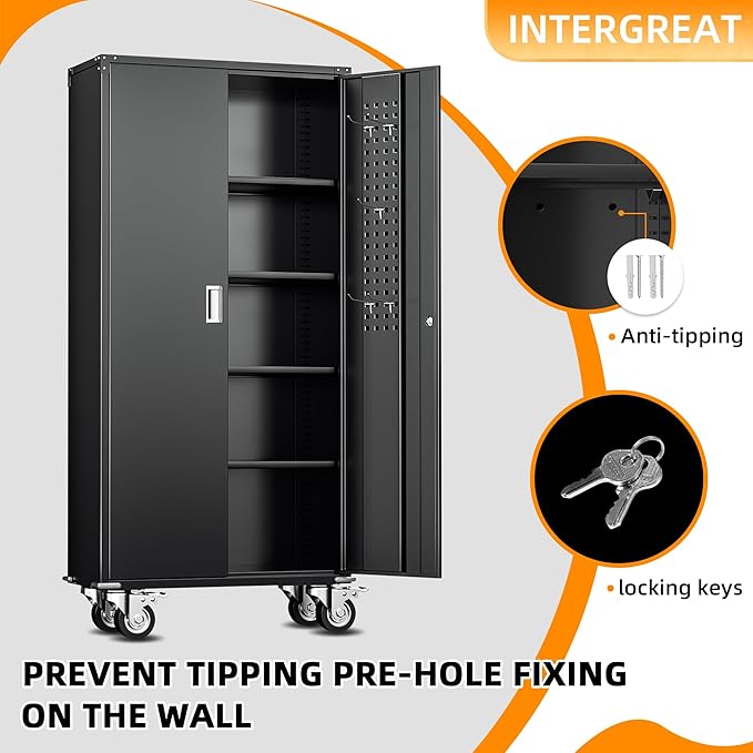 INTERGREAT Metal Storage Cabinet with Wheels, 72" Lockable Mobile Cabinets with Adjustable Shelves, Large Capacity Rolling Tall Cabinet with Casters for Home Office, Kitchen, Garage, School(Black)