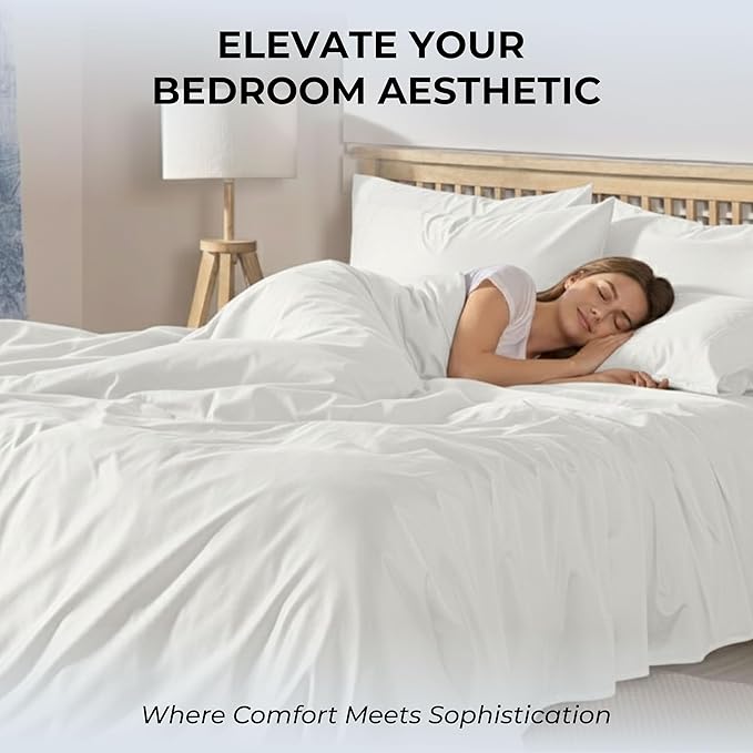 100% Natural Cotton Sheets Queen Size Bed Set | 500 TC Single-Ply Sateen Weave | Soft, Breathable, Hypoallergenic Solid 4-Piece Bedding with Deep Pocket Fitted, Flat, Pillowcase | White