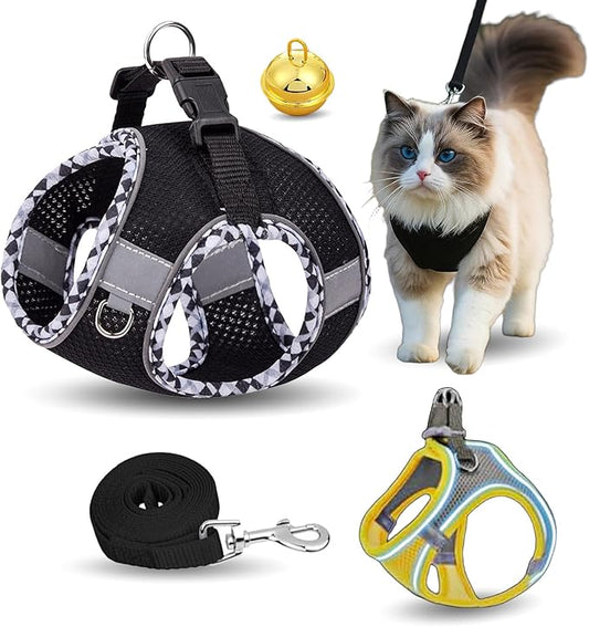 Stimulicat Cat Harness, Stimuli Cat Harness Design for Outdoor Cats, Adjustable Soft Mesh Vest Harness Escape Proof with Reflective Safety Strips, Allowing Cats to Safe (Lattice-Black, XXS)