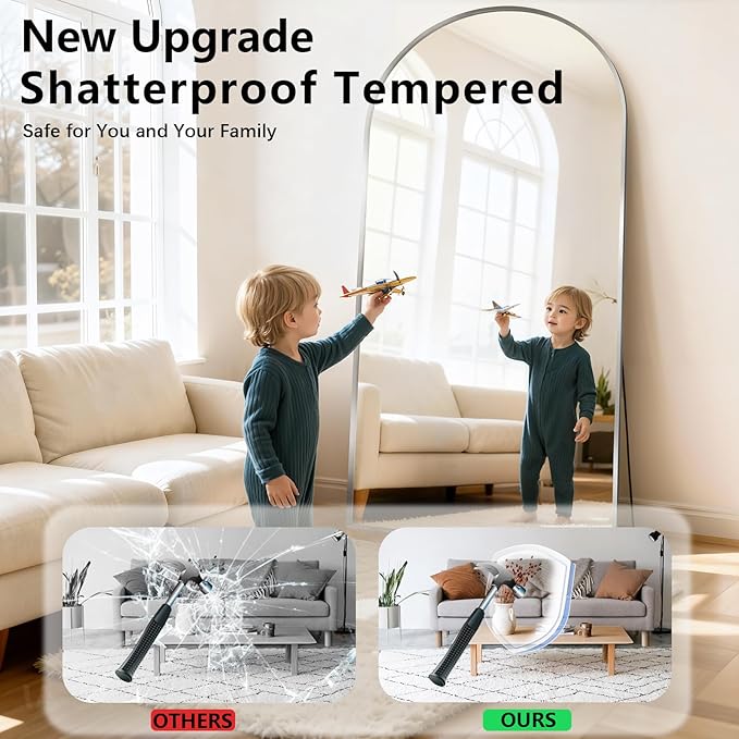 Oversized Full Length Mirror, 35"x78" Large Arched Floor Mirror Full Length with Stand, Room Decor Big Full Body Mirror with HD Tempered Glass Aluminum Frame for Bedroom Living Room, Silver