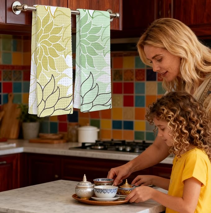 2-Pack Boho Floral Abstract Waffle Towels, Flower Hand Towel for Bathroom Decor, 16x24 Inch Neutral Yellow & Green Flower Dish Tea Towel Decor for Kitchen/Bath/SPA,Gift for Friends.