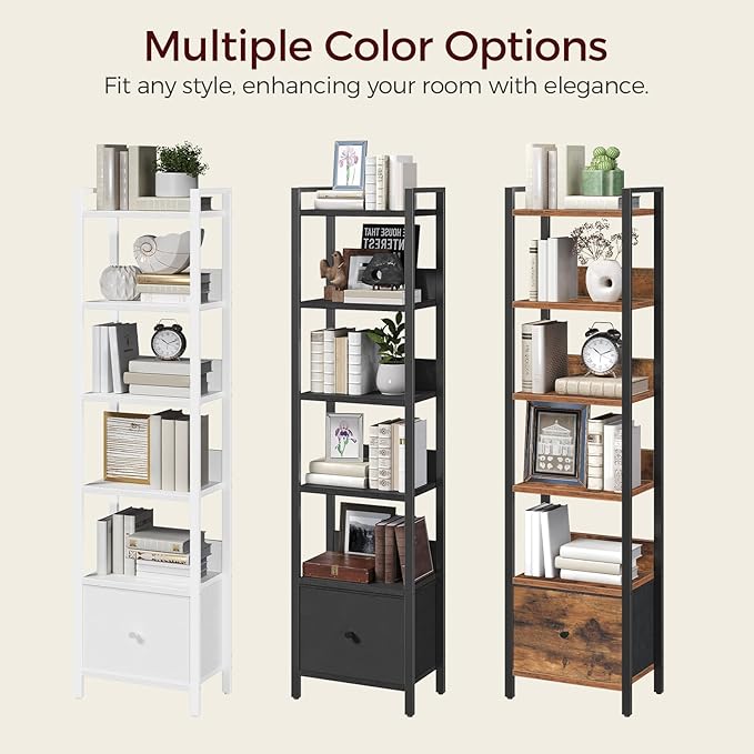 Bookshelf, 6-Tier Bookcase with Drawer, Small Book Shelf for Small Space, Storage Shelf Organizer, for Living Room, Bedroom, Study, Kitchen, Black BKHB66101