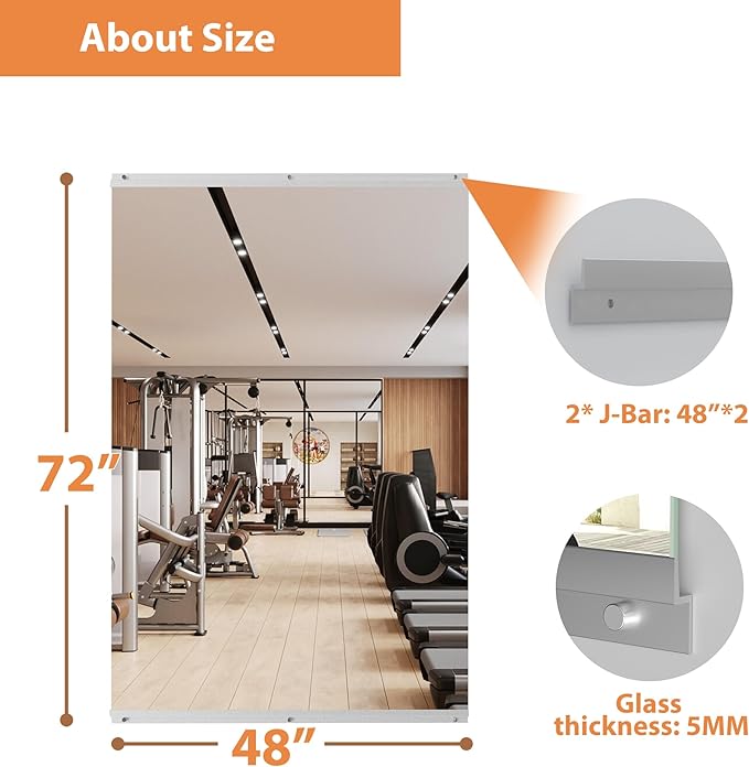 ROOMTEC Home Gym Mirror 72"x48" Frameless Wall Mounted Fitness Mirror, Large Tempered Glass Full Length for Yoga, Dance Studio, Workout Room