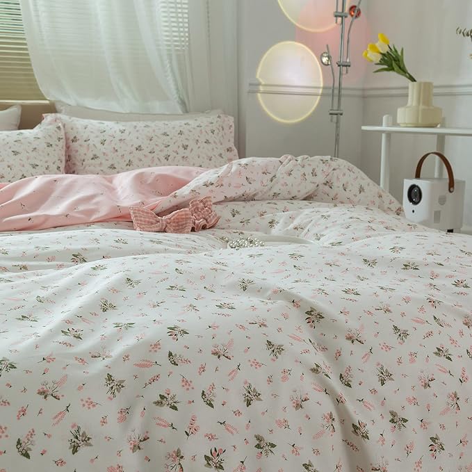 LifeTB Garden Style Duvet Cover Floral Print Bedding Sets King Pink White Floral Comforter Cover Cotton Chic Flower Print Duvet Cover for Girl Women Boho with Zipper Closure 4 Ties