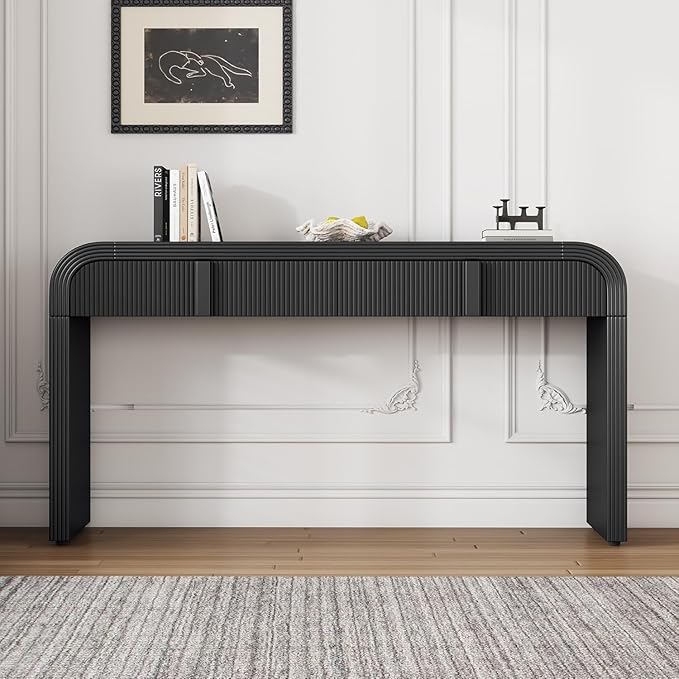 55'' Fluted Console Table with Drawers, Wood Modern Curved Entryway Table with Storage and Rounded Silhouette for EntryWay, Hallway, Foyer (Black)