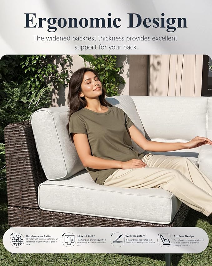 LayinSun 6-Piece Outdoor Modular Wicker Sectional Sofa with Fire Pit Table, Patio Furniture Conversation Set with Deep Seating and Thick Cushions