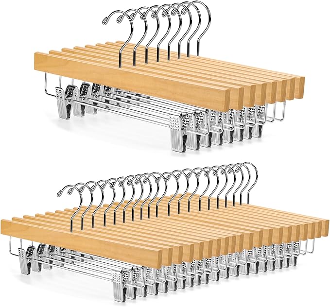 Nature Smile Deluxe Wooden Pants Hangers,Solid Lotus Wood Jeans Skirt Hanger with Clips Anti-Rust Hook Pack of 28（Natural）