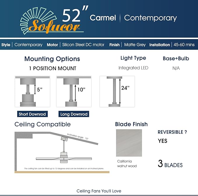 Sofucor 52 Inch Ceiling Fan with Lights, Low Profile Flush Mount Mordern Wood Ceiling Fan with Remote for Indoor Farmhouse Bedroom Living Room Outdoor Patio Porch, Reversible DC Motor, Noiseless