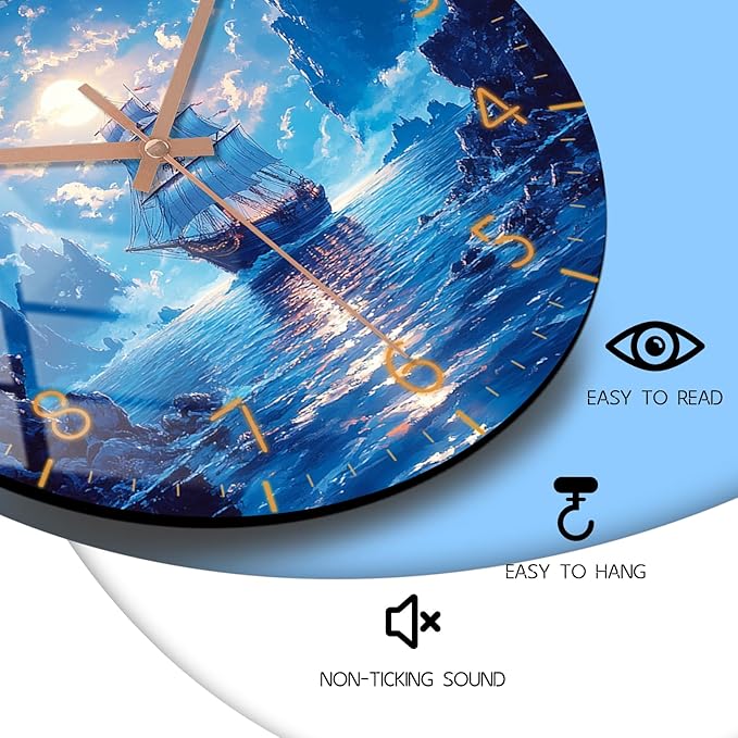 Coastal Wooden Wall Clock Battery Operated 10 Inch Sailing Boat Silent Wall-Clock Non Ticking Analog Blue Wall Clocks for Bedroom, Office Decor