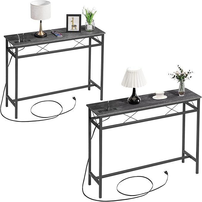 VECELO 39.4In Narrow Sofa/Console Table with Charging Station & Power Outlet and USB Ports, for Entryway, Living Room, Office, Industrial, Metal Frame, 2 Pack, Dark Grey