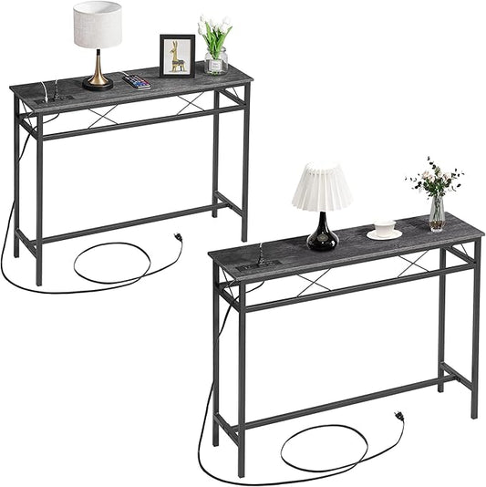 VECELO 39.4In Narrow Sofa/Console Table with Charging Station & Power Outlet and USB Ports, for Entryway, Living Room, Office, Industrial, Metal Frame, 2 Pack, Dark Grey