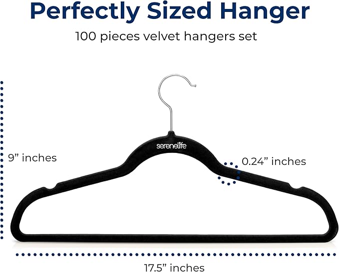 SereneLife Velvet Hangers 100 Pack Black – Slim Non-Slip Clothes Hangers with Chrome 360° Swivel Hook, Durable 10 lbs Capacity, Ultra-Thin Space Saving Hangers for Closet Organization
