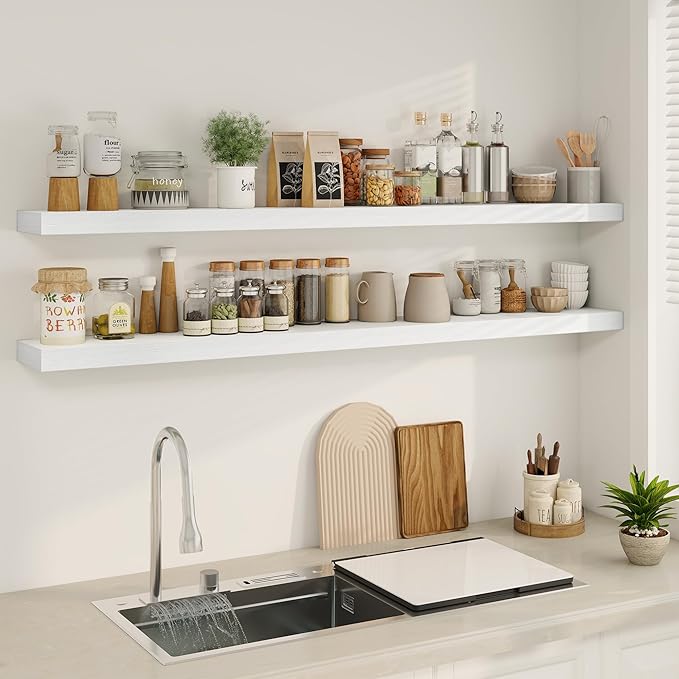 Fun Memories 66 Inch Fireplace Mantel - Long Floating Shelf, Wall Mounted Farmhouse Display with Invisible Heavy Duty Metal Bracket, White, 2 Pack