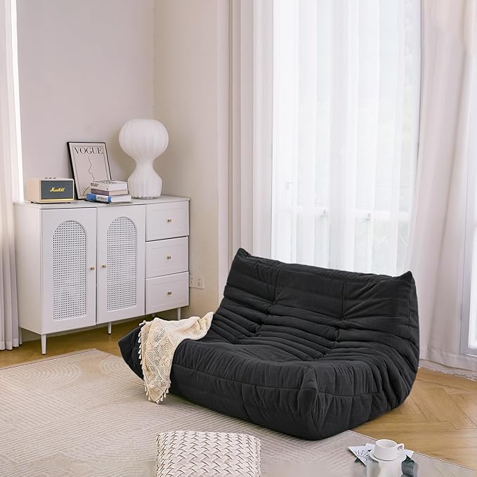 N&V Fireside Mid Century Armless Floor Sofa, Soft Premium Microfiber Lounge Chair, Foam Accent for Living Room Bedroom and Office (Black, Loveseat)