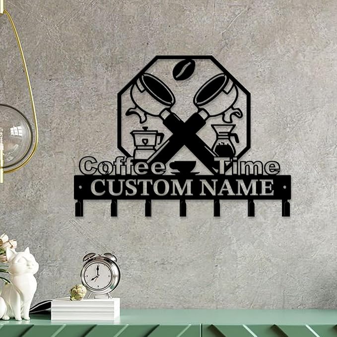 Coffee Bar Keys Holder - Metal Iron Wall Hooks with Custom Name | Personalized Home Decor & Gift Idea | Coffee-Themed Text Engraving Design (Style I)