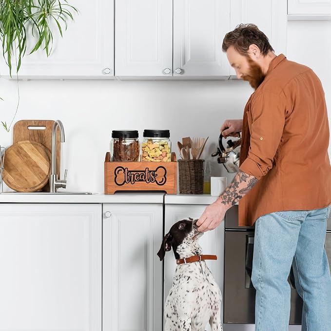 Dog Treat Container Dog Food Container for Dog Food Storage, Farmhouse Cat Food Container Pet Food Storage Organizer, Wood Dog Treat Holder with 2 Plastic Cat Dog Treat Jars, Brown Cat Treat Container