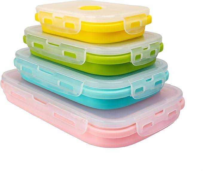 Set of 4, Collapsible Silicone Food Storage Container, Leftover Meal Box for Kitchen, Lunch Boxes with Clip-on Lid, Stackable, Space Saving, Dishwasher Safe, BPA Free