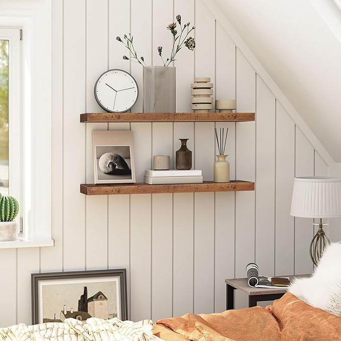 HOOBRO Floating Shelves for Wall, Wall Mounted Shelf Set of 2, 31.5" Hanging Shelf with Invisible Brackets, for Wall in Bathroom, Bedroom, Toilet, Kitchen, Living Room, Office, Rustic Brown BF80BJP201