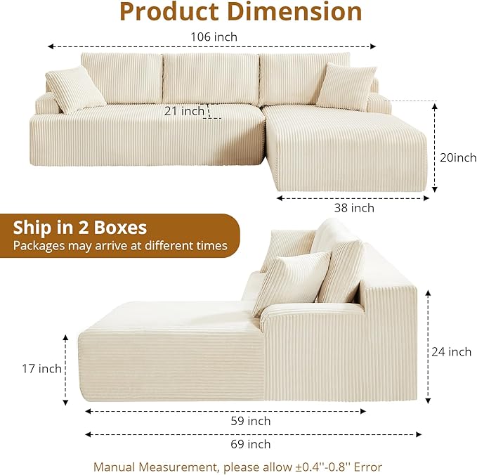 Sectional Cloud Couch for Living Room L Shaped Couch with 3 Seat Ind. Chaise Longue Corduroy Fabric Boneless Modular Modern Sofa with Pillows for Apartment and Small Space White