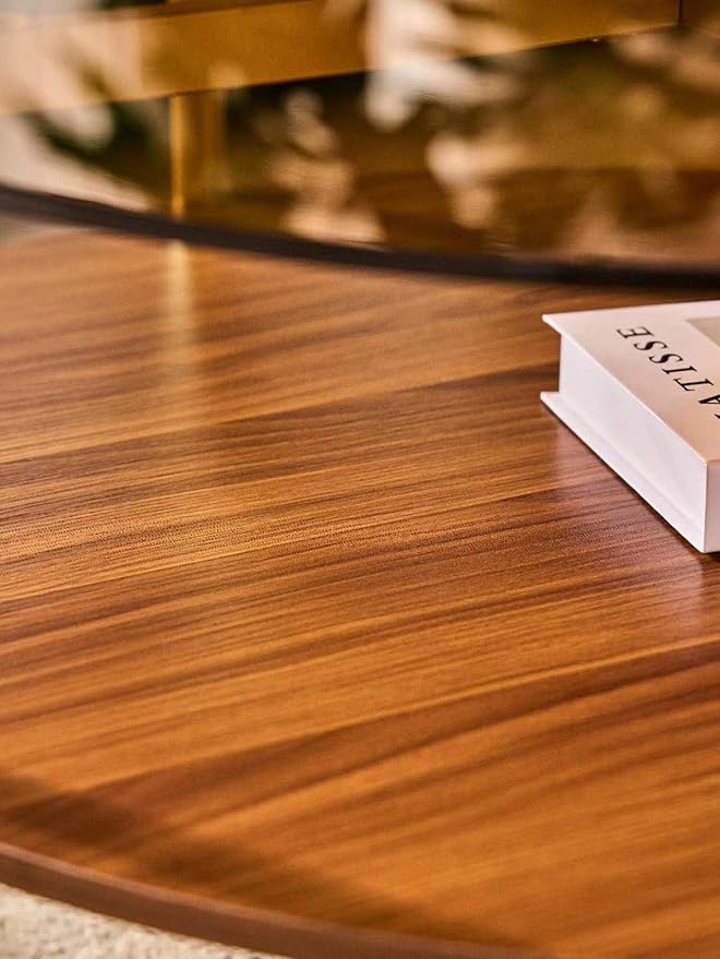 Shrine Round Glass Coffee Table, Mid-Century Modern Design, D30 x H17 in, 2-Tier Structure, Amber Glass Top and Walnut MDF Shelf, Sleek Conical Metal Legs with Gold Finish