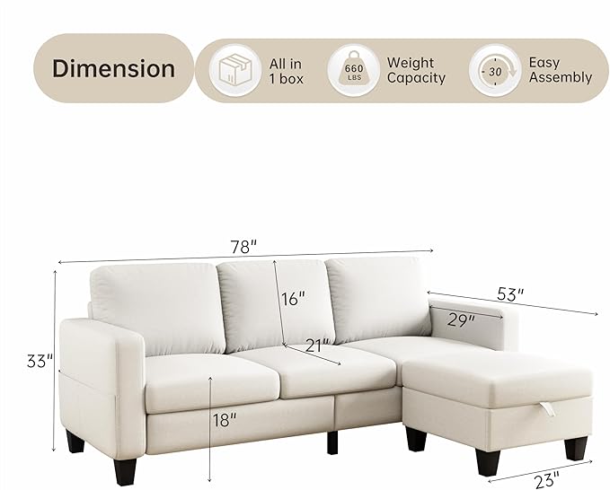 Sectional Sofa Couches for Living Room, 78'' Beige 3 Seater L-Shaped Couch with Storage Ottoman, Comfy Fabric Convertible Sectionals Sofas with Chaise for Apartment, Office, Small Space