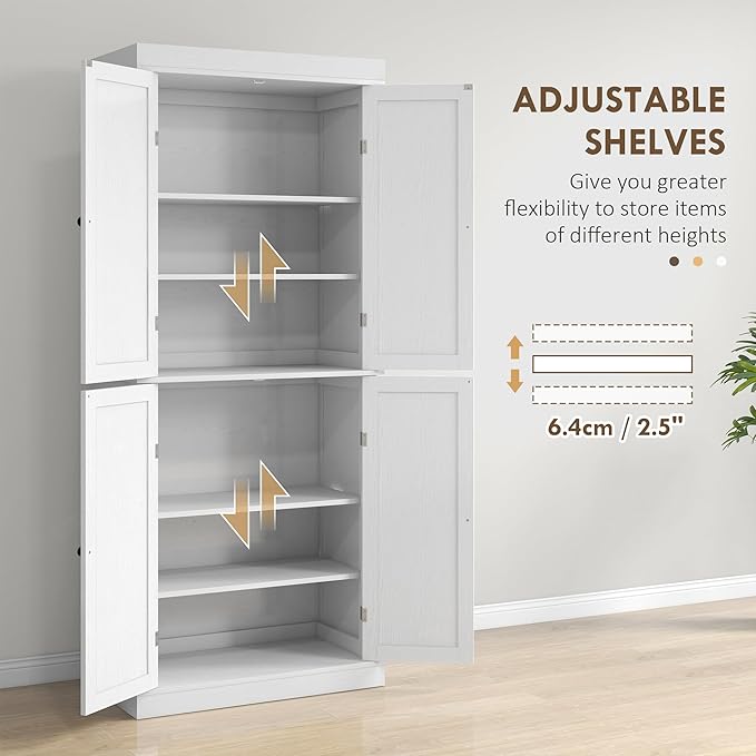 HOMCOM 72.5" Freestanding Kitchen Pantry Cabinet, Tall Storage Cabinet with 4 Doors and 2 Adjustable Shelves for Dining Room, White Wood Grain