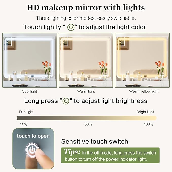 Large Vanity Desk with 3 Color Touch Screen Dimming Mirror, Vanity Desk with Charging Station, Modern Retractable Makeup Dressing Table, Vanity Table With storage shelves and 5 Sliding Drawers, White