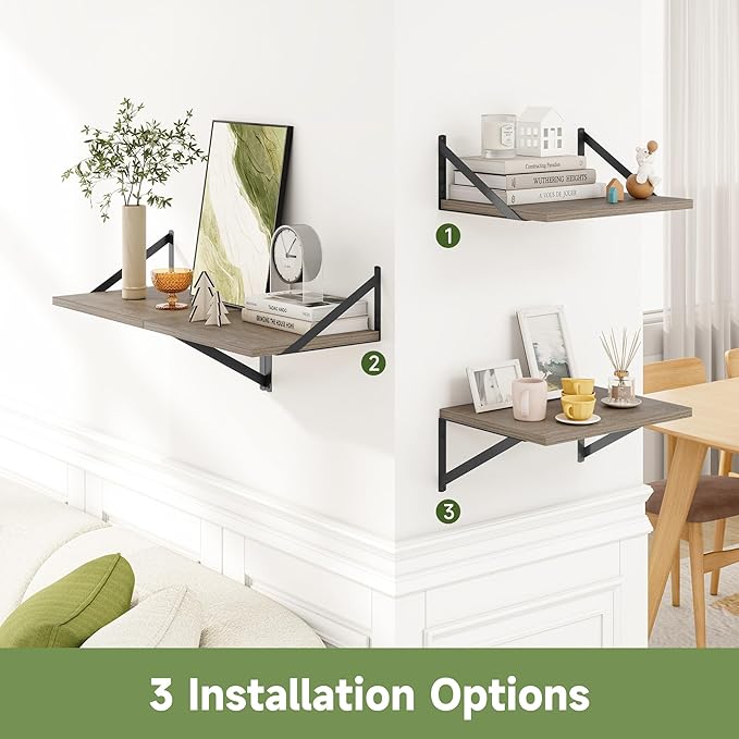 Heimlove 12 Inch Deep Floating Shelves for Wall, 16W x 12D Wide Floating Shelves Heavy Duty, Wood Wall Shelves for Living Room Bedroom Bathroom Kitchen- Set of 4