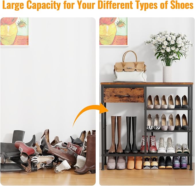 Furnulem Entryway Table Industrial 31.5" Sofa Console Table with Metal Mesh Shelf,Storage Fabric Drawer 4-Tier Shoe Rack Side Furniture for Front Door,Foyer Wooden Top, Sturdy Steel Frame,Rustic Brown