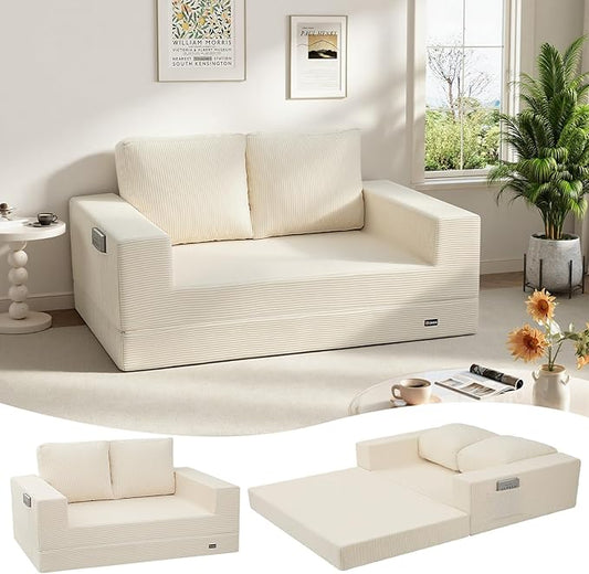COMAX Convertible Sofa Bed Queen, Folding Fold Out Couch Bed, Floor Futon Couch Corduroy Sleeper Mattress with Back Pillows, Boneless Sofa Comfy Lounge Loveseat for Living Room Bedroom, Beige