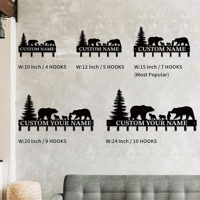 Personalized Custom Name Bear Key Wall Hooks,Metal Bear Keys Clothes Hooks,Metal Bear Wall Home Storage Decorative,For Front Door, Hallway, Kitchen, Bedroom,Keys,Hats (Style J)