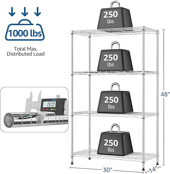 1000 lbs 4Tier Shelf Metal Storage Shelves Wire Rack Closet Organizers with Wheel for Garage Kitchen Bathroom Laundry Chrome 13.7" D x 29.5" W x 47.2" H